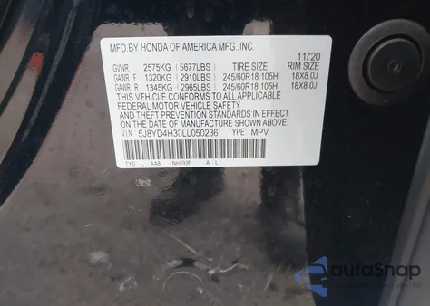 2020 Acura Mdx z USA, uszkodzony, nr VIN 5J8YD4H30LL050236